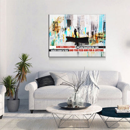 Teach A Man To Fish Canvas Wall Art, Motivational Abstract Art, Feed Him For A Lifetime