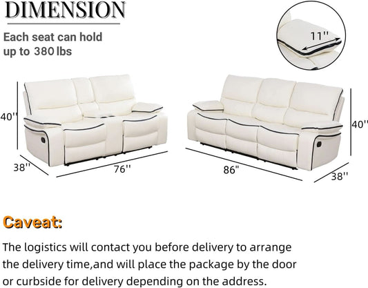 Leather Recliner Sofa Set With Storage Console White