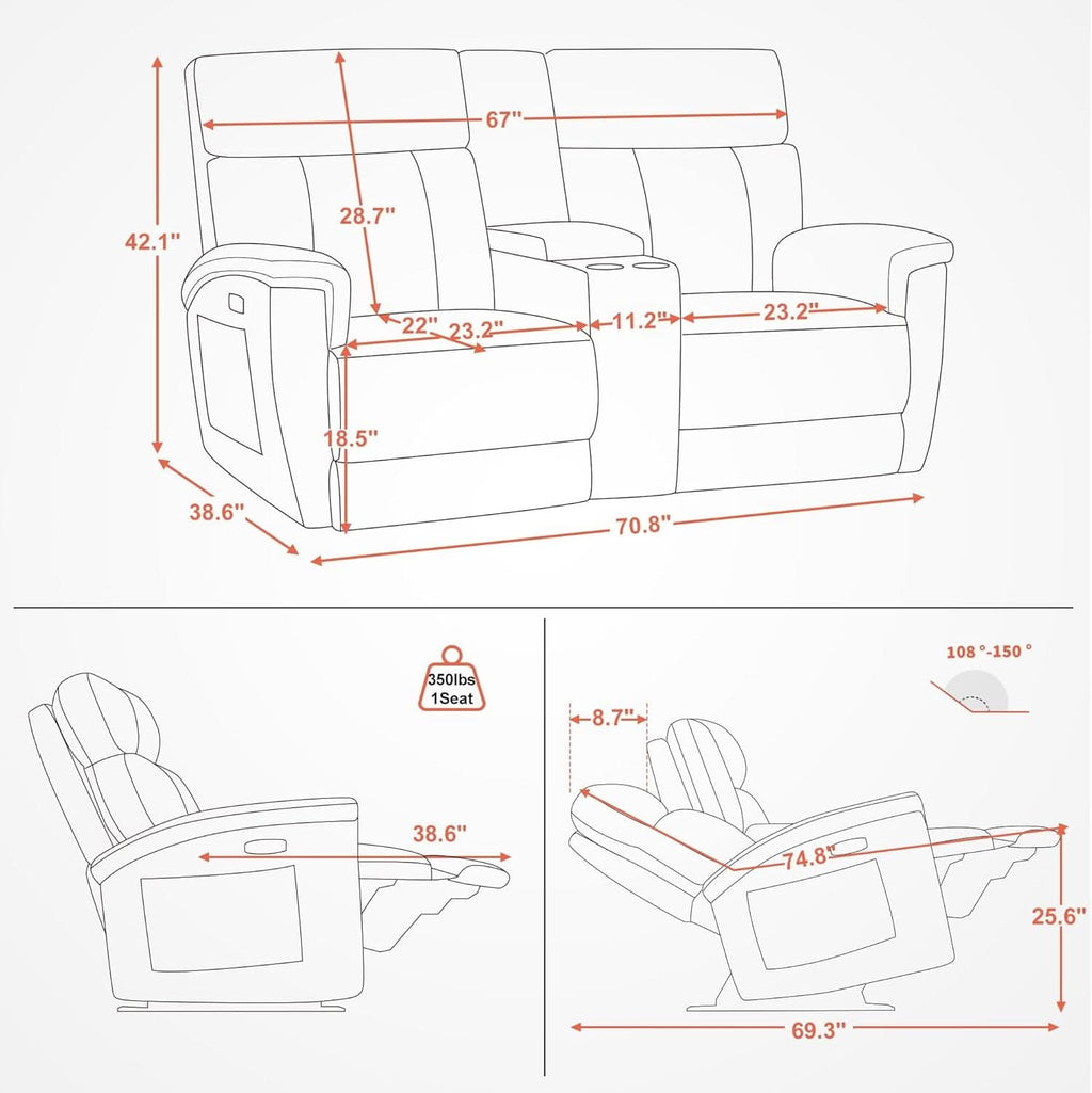Mocha Power Recliner Loveseat With Massaging For Living Room Comfort