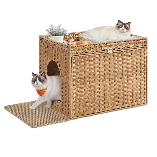 Boho Handwoven Rattan Hidden Litter Box Furniture — Washable Tray & Litter Mat Included