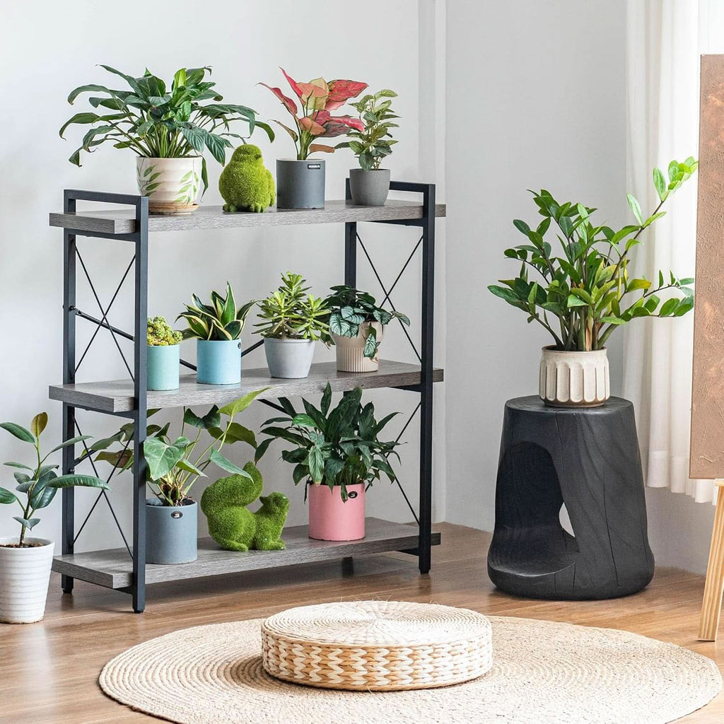 Three Tier Industrial Bookshelf With Rustic Open Metal Frame
