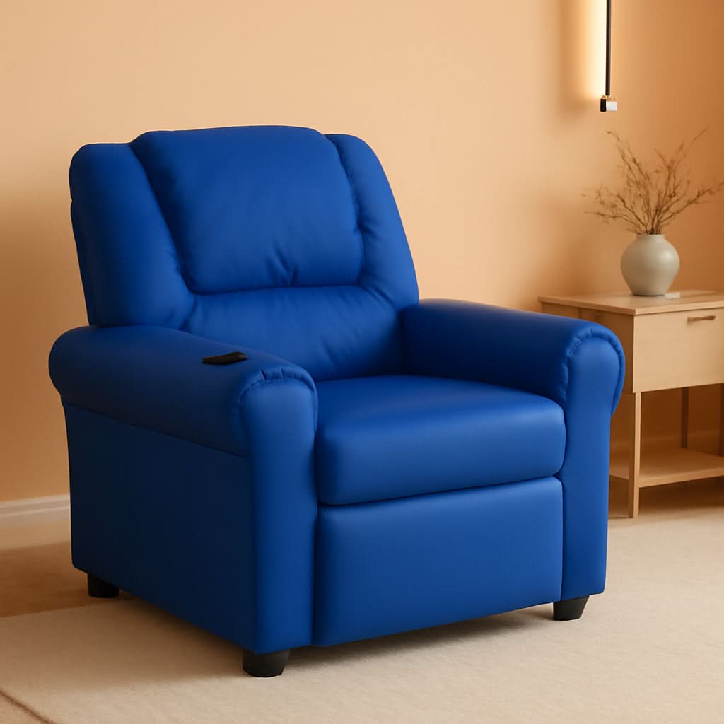 Vana Vinyl Kids Recliner Blue With Cup Holder And Headrest