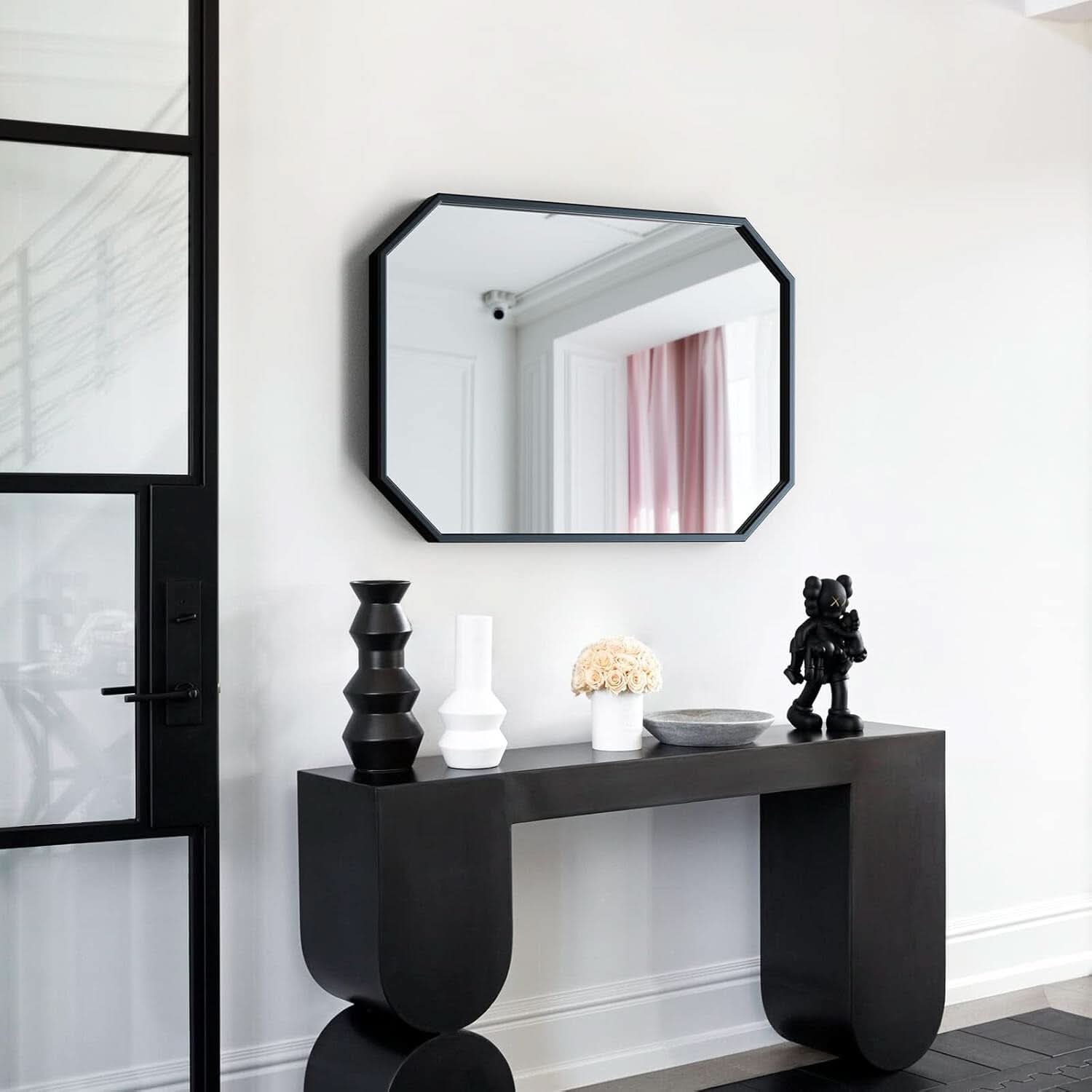 Octagon Black Wall Mirror 20x28 Metal Framed Wall Mounted