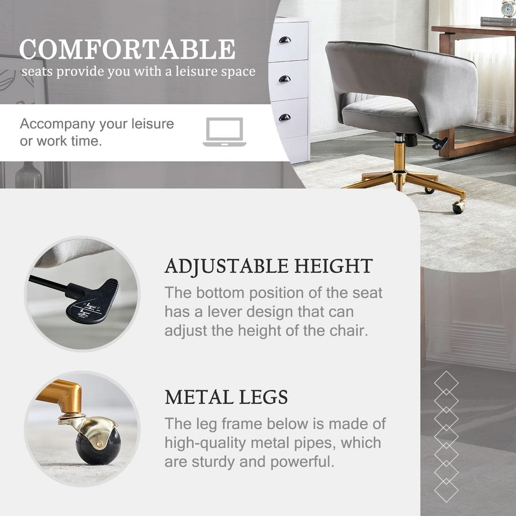 Grey Velvet Home Office Chair With 360 Swivel And Gold Base
