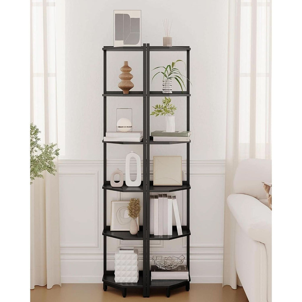 6 Tier Black Corner Shelf Stand Bookshelf For Living Room