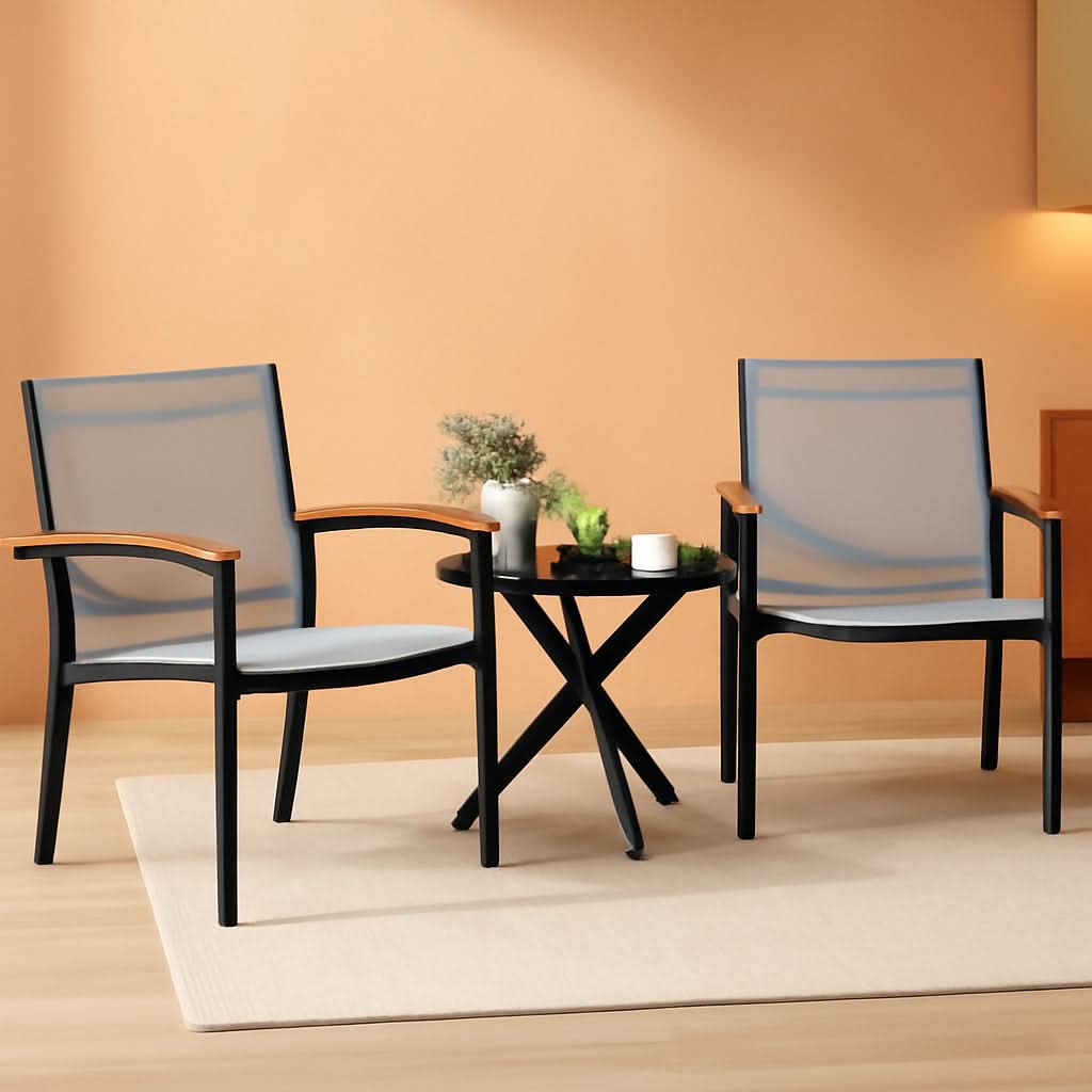 Three Piece Patio Bistro Set With Textilene Fabric Chairs And Table Grey Outdoor Furniture Set