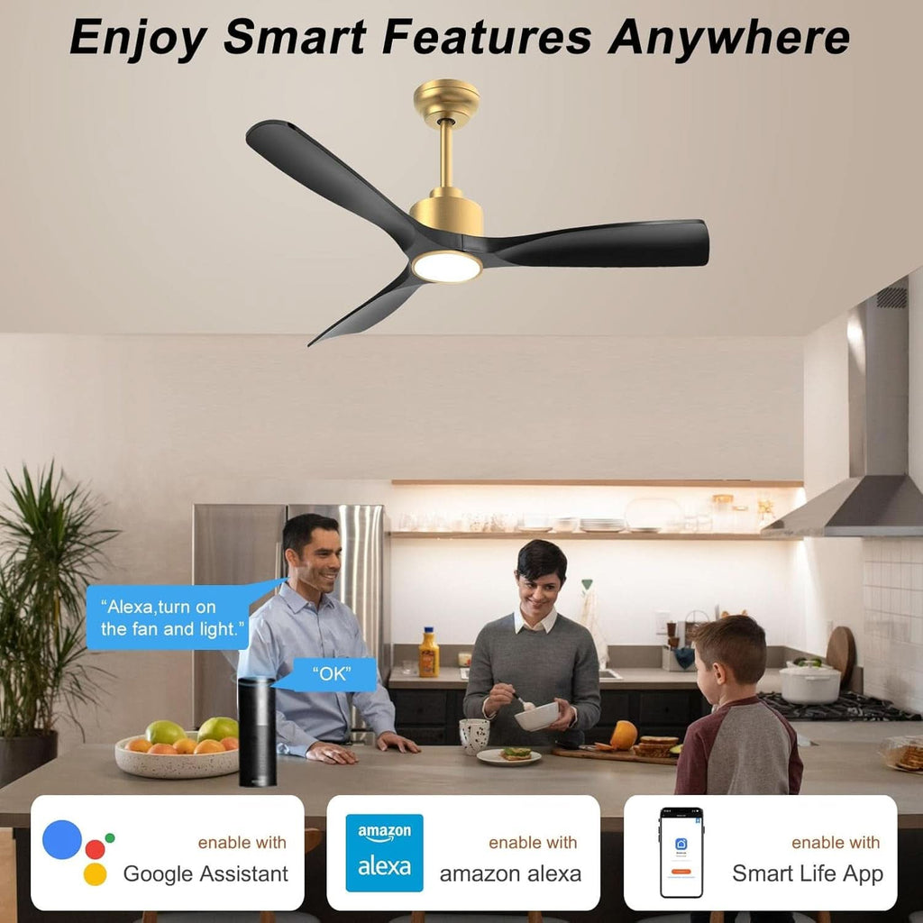 52 Inch Black Gold DC Motor Ceiling Fan With Lights And Remote