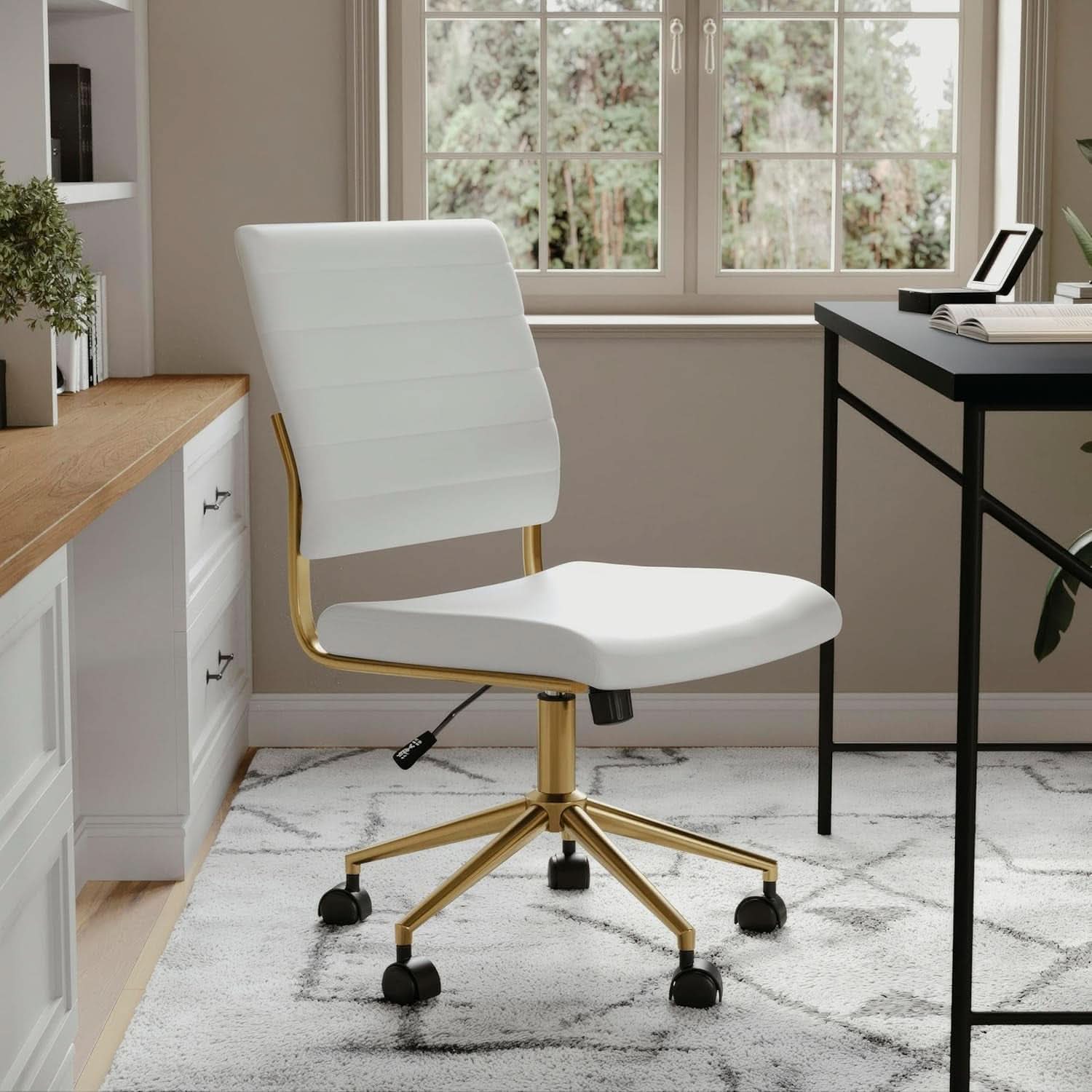 White Faux Leather Armless Swivel Chair Brass Frame