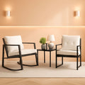 Beige 3 Piece Rocking Wicker Bistro Set With Glass Coffee Table For Patio Outdoor Furniture