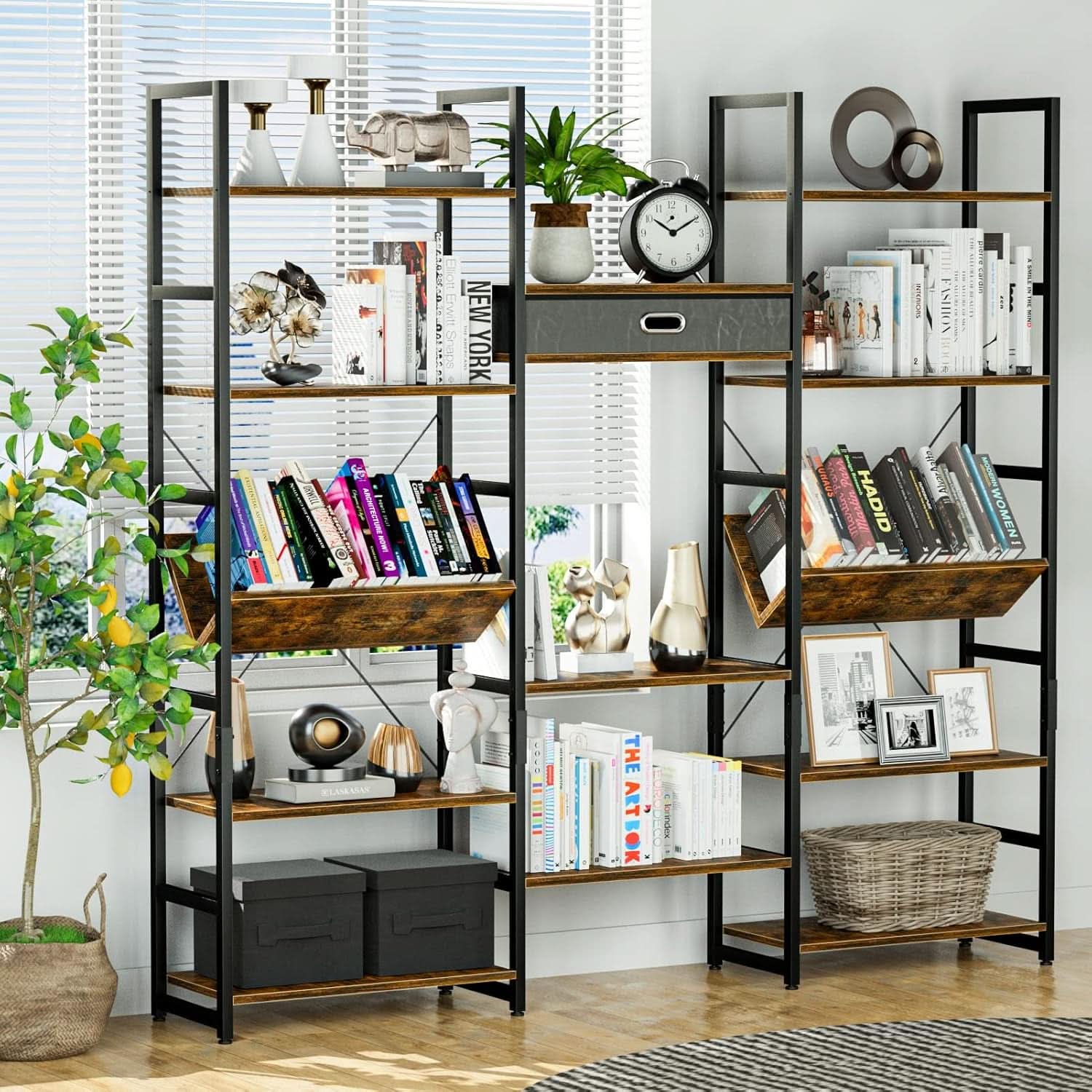 Triple Wide Five Tier Bookshelf Rustic Brown Finish