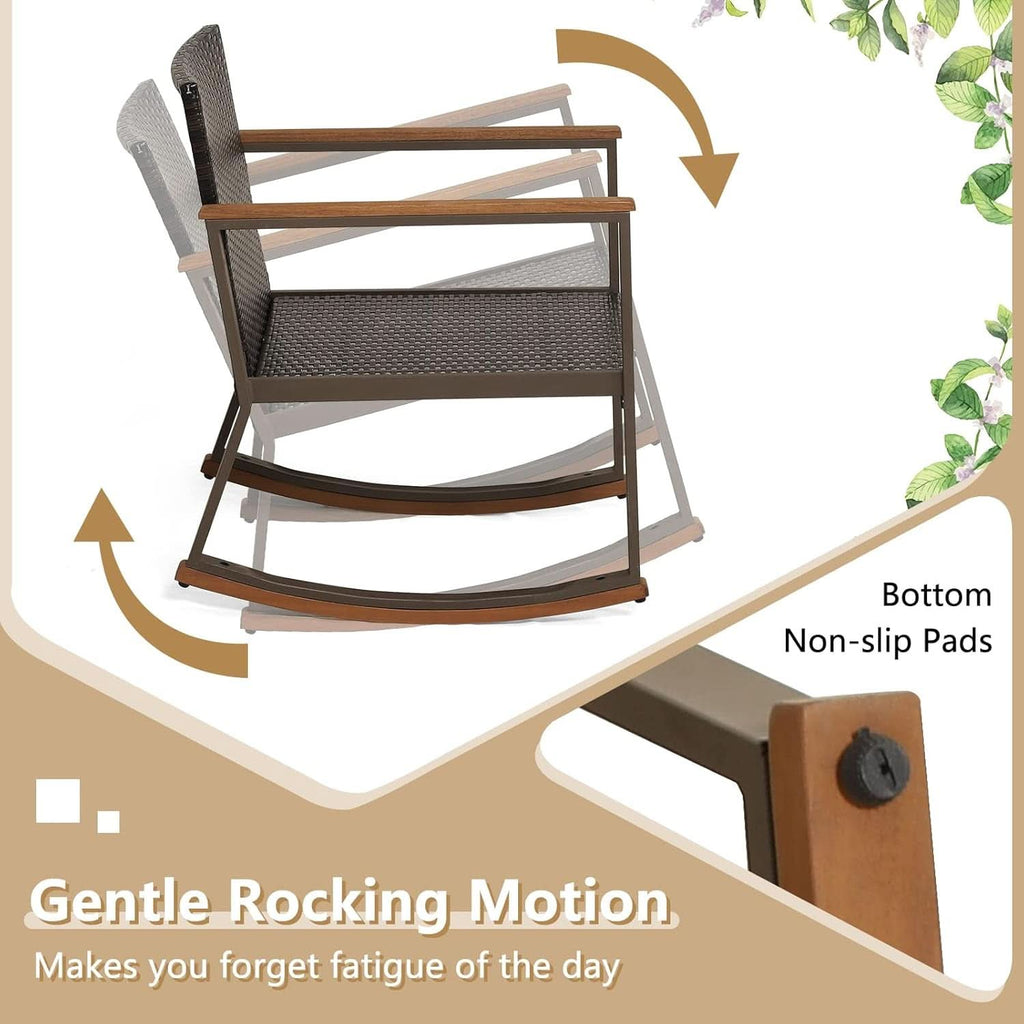 Three Piece Rocking Bistro Set With Cushions And Coffee Table For Outdoor Rattan Patio Off White