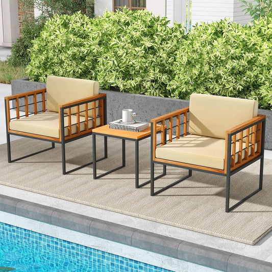 Three Piece Acacia Wood Patio Chair Set With Cushioned Seats For Balcony Porch And Backyard Beige