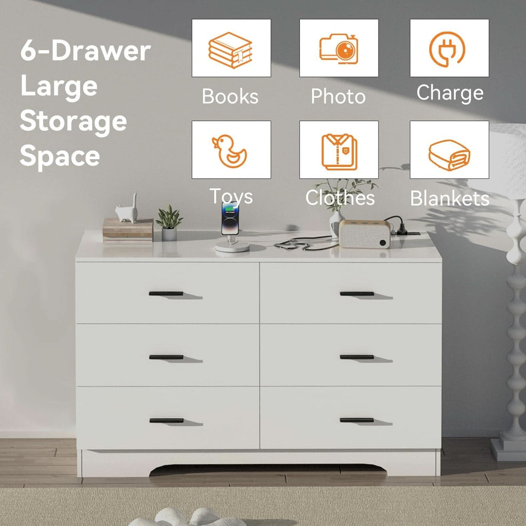 White 6 Drawer Dresser With Built In Charging Station