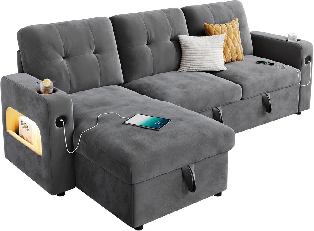 84 Inch Sleeper Sofa Bed Dark Grey Velvet With LED Storage