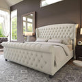 Queen Size Chenille Upholstered Sleigh Platform Bed with Button Tufted Headboard