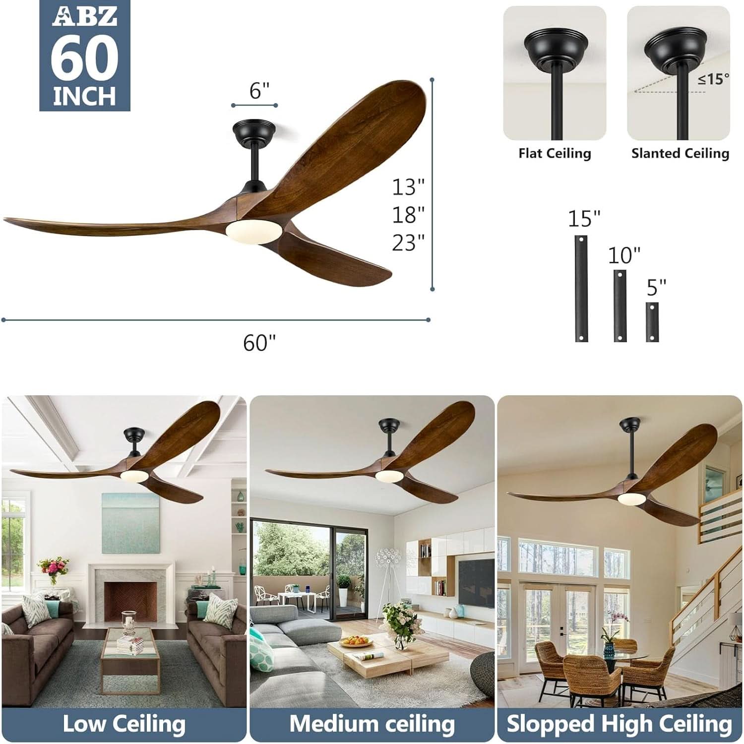60 Inch Walnut Solid Wood Ceiling Fan Outdoor Weatherproof