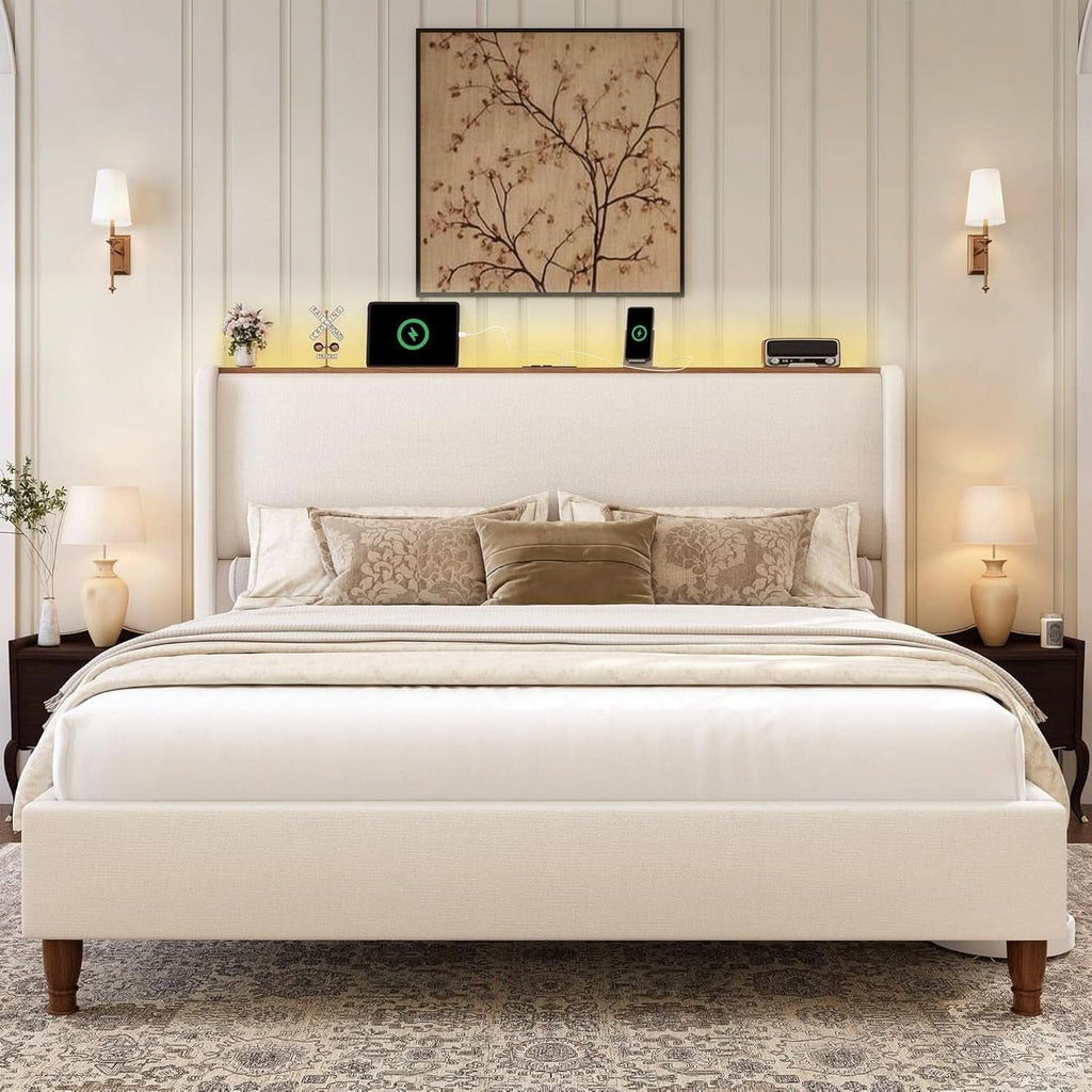 Queen Size Upholstered Bed Frame With LED Lights And USB