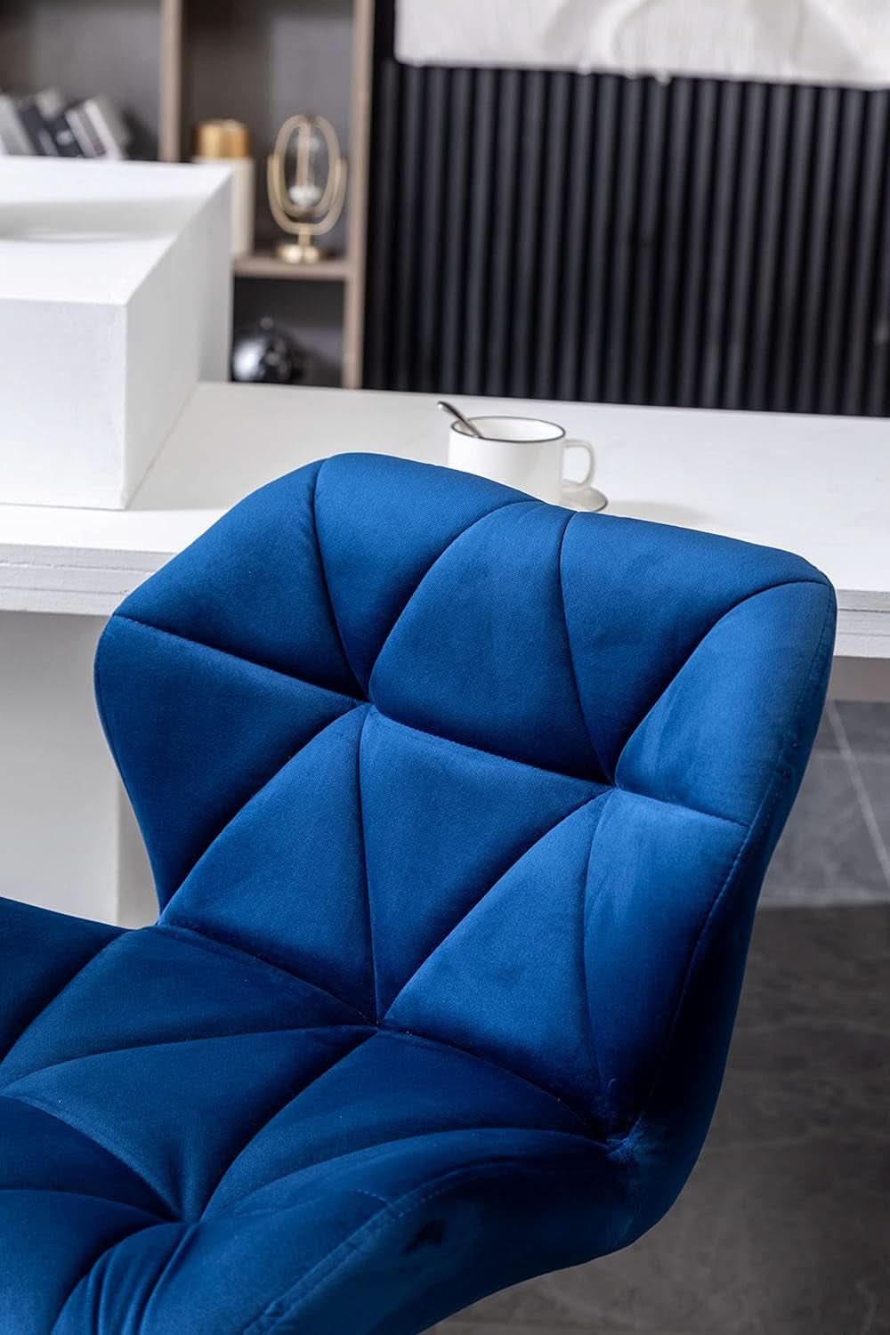 Velvet Diamond Tufted Swivel Barstools Blue Adjustable Height Set of 2