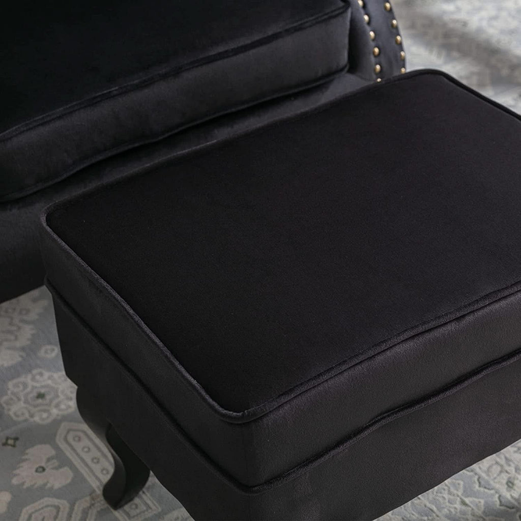Elegant Black Velvet Wingback Chair With Ottoman Set
