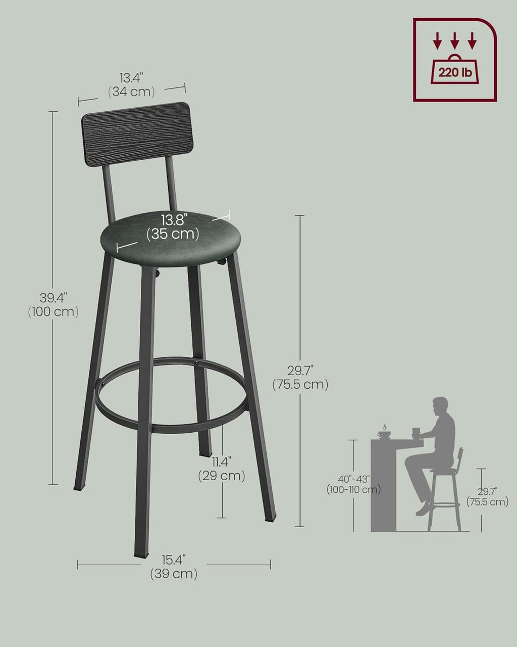 29.7 Inch PU Bar Stools Set Of 2 With Backrest And Footrest