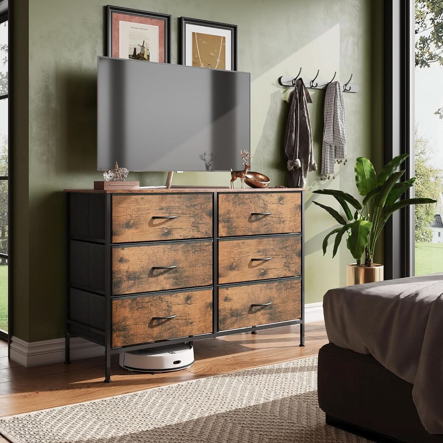 Rustic Brown 6 Drawer Dresser TV Stand For Bedroom