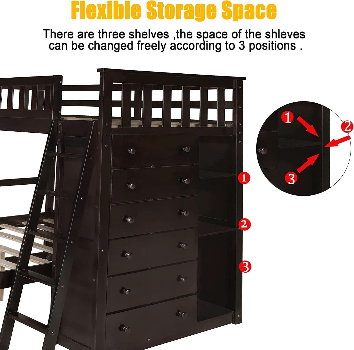 Espresso Twin Over Full Bunk Bed With Six Drawers Shelves