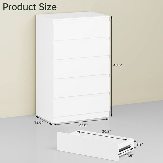 White Contemporary Solid Wood Dresser Five Drawers