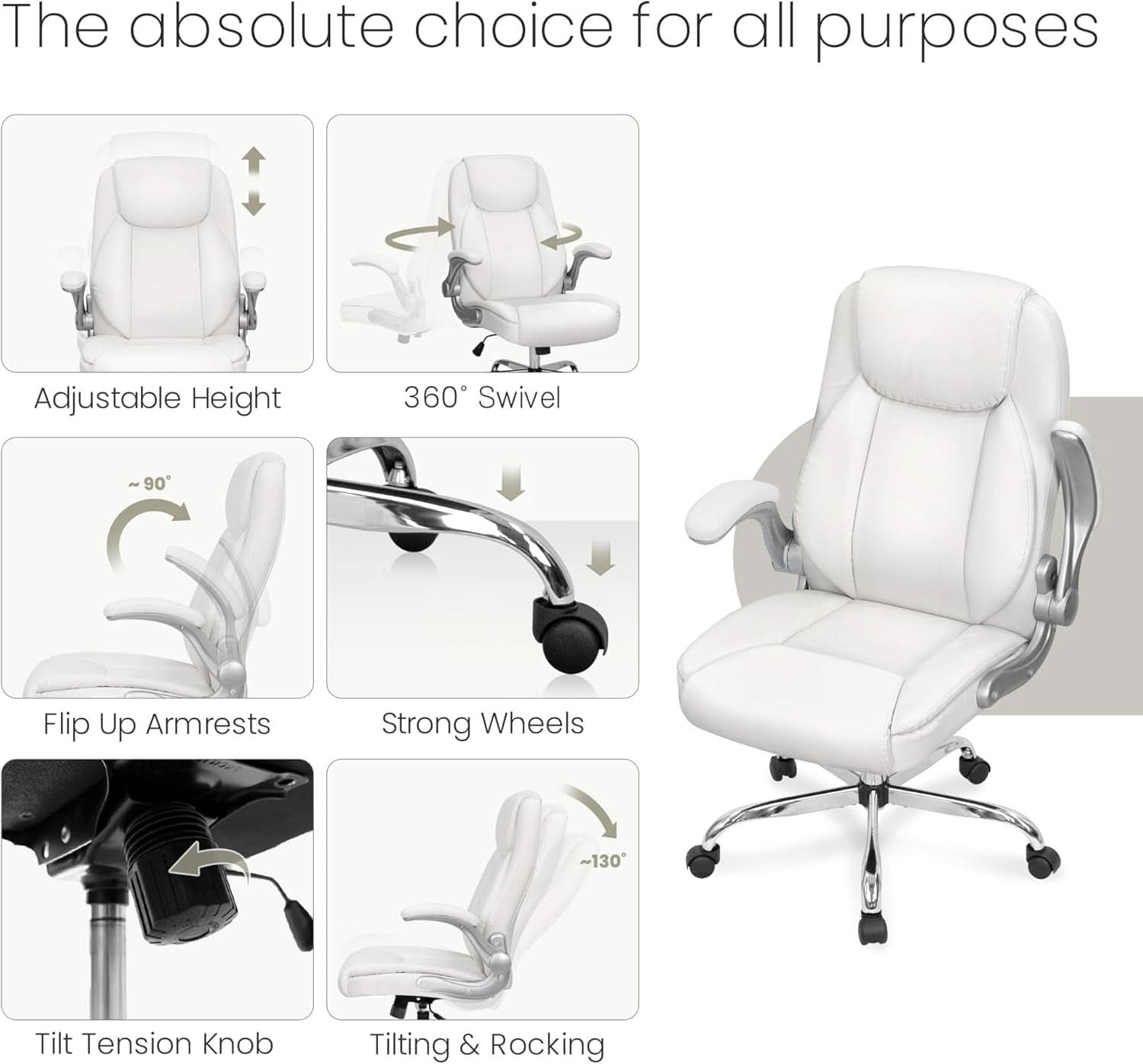White Ergonomic Office Chair With Lumbar Support Adjustable