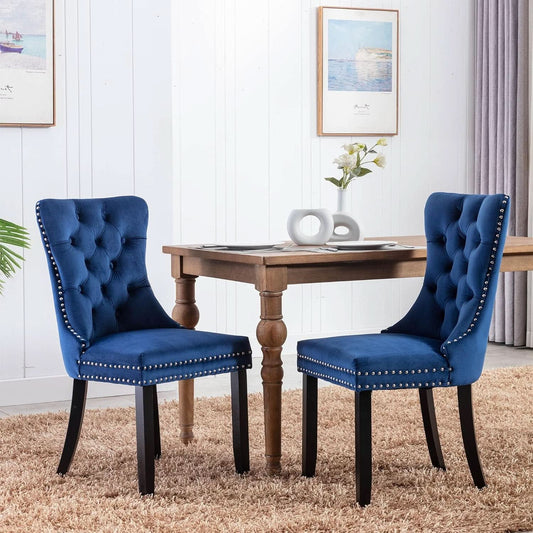 Tufted Velvet Dining Chairs Set of 4 Blue With Nailhead Back
