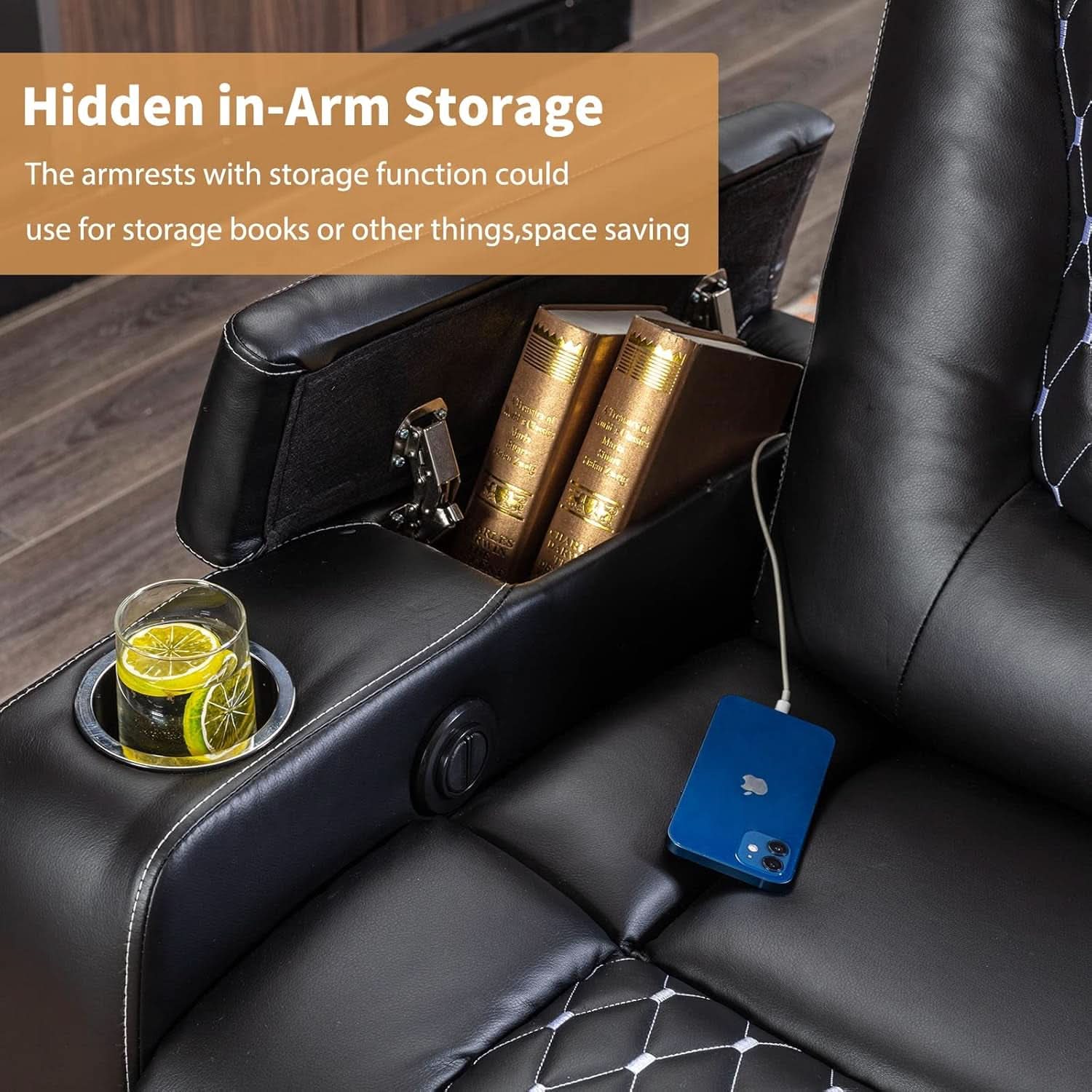 Black Power Recliner With USB Ports And Cup Holders