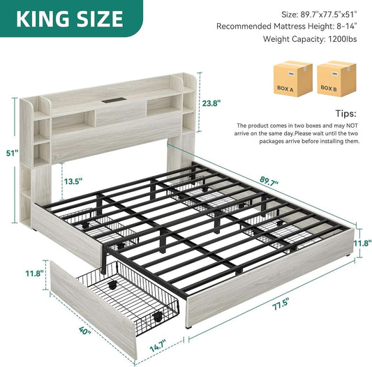 King Size Bed Frame Antique White With Bookcase Headboard