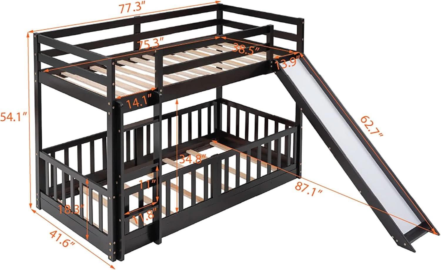 Twin Over Twin Floor Bunk Bed With Slide And Ladder