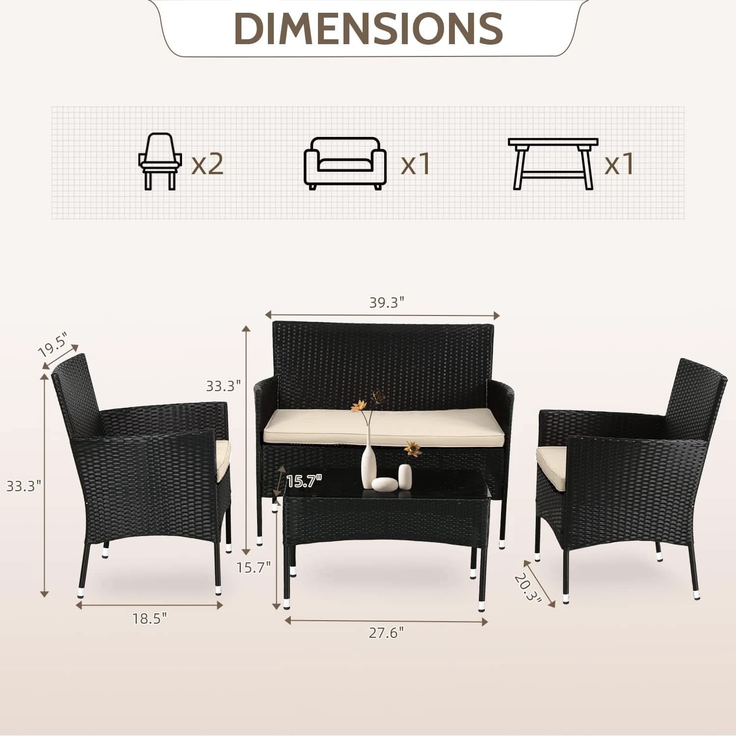Outdoor Rattan 4 Piece Patio Furniture Conversation Set