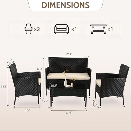 Outdoor Rattan 4 Piece Patio Furniture Conversation Set