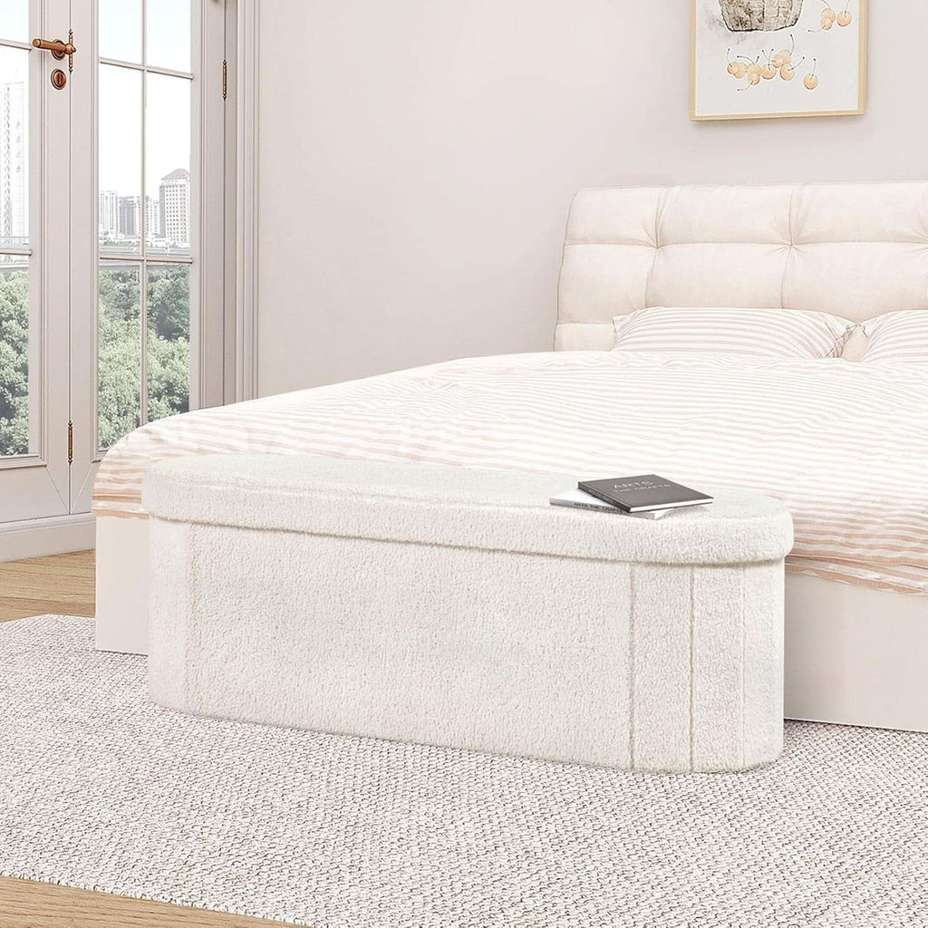 Sherpa Lined Folding Storage Ottoman 43.3 Inch White