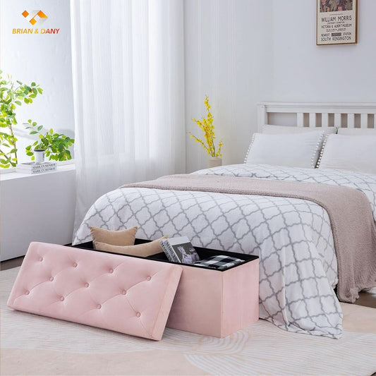 Pink 43 Inch Velvet Lux Foldable Storage Ottoman Bench