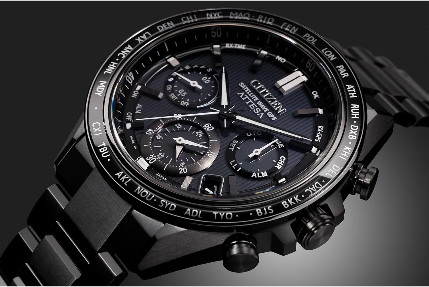 CITIZEN Mens Eco-Drive Attesa Satellite Wave GPS Chronograph, Black Super Titanium with DLC Coated Case & Bracelet, Black Dial (Style: CC4055-65E)