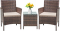 Patio Set 3 Piece All Weather Rattan Glass Table Brown