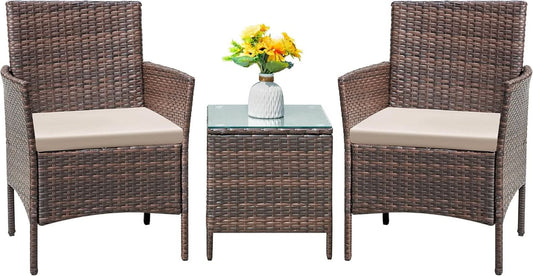Patio Set 3 Piece All Weather Rattan Glass Table Brown