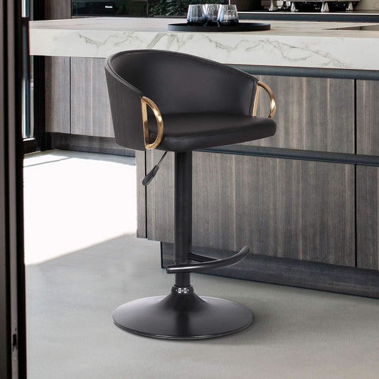 Adjustable Black Faux Leather Swivel Barstool with Gold Accents