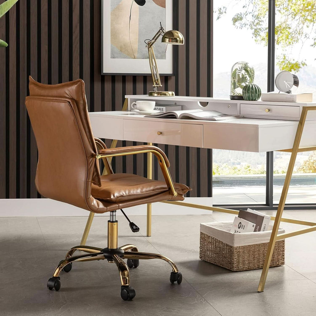 Adjustable Faux Leather Desk Chair With Golden Legs Camel