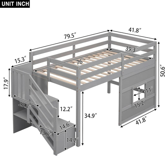 Twin Size Low Loft Bed In Gray With Stairs Storage