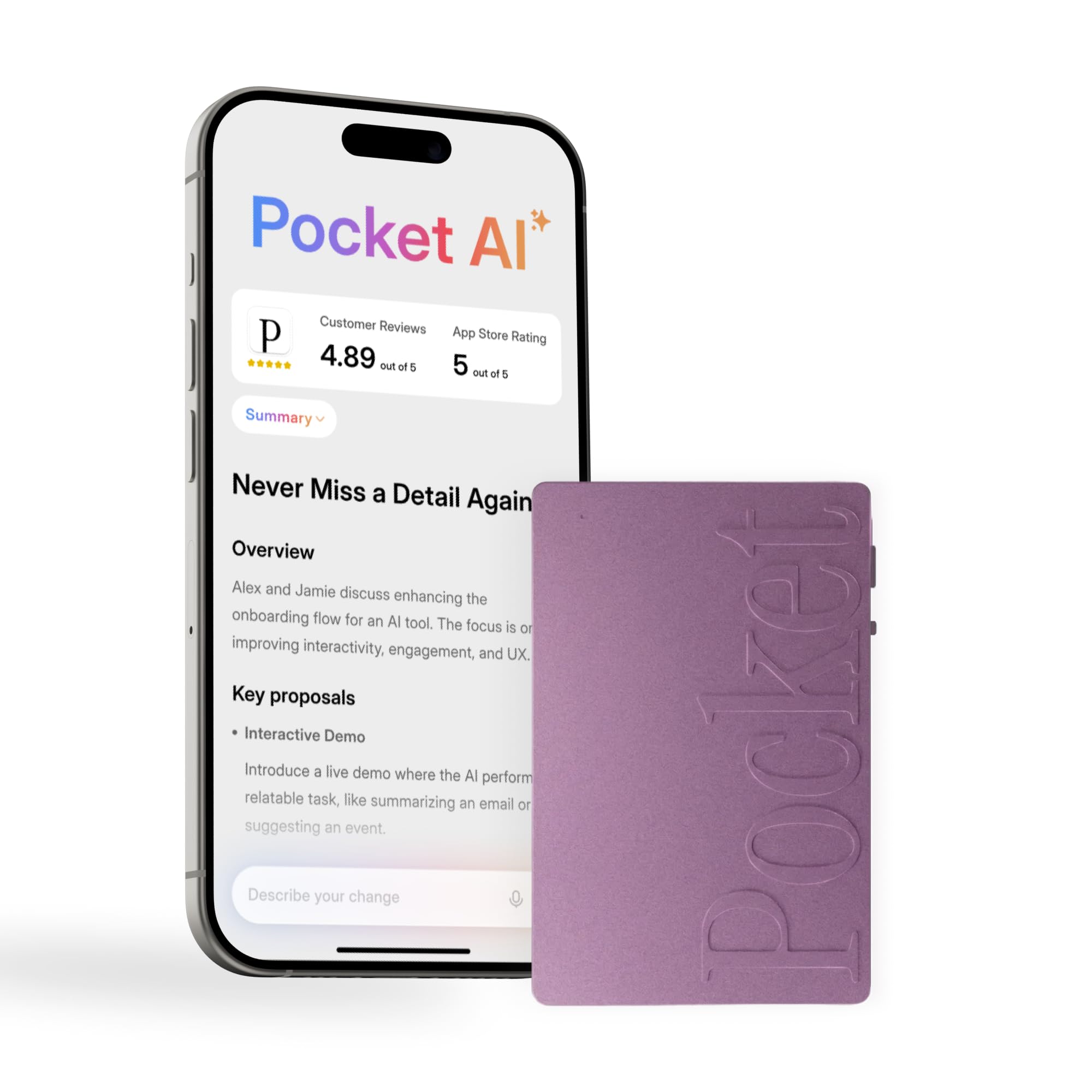 Pocket AI Voice Recorder & Smart Assistant – Auto Transcription, Summaries & Action Items – AI Note Taker for Meetings, Calls & Productivity - Space Grey