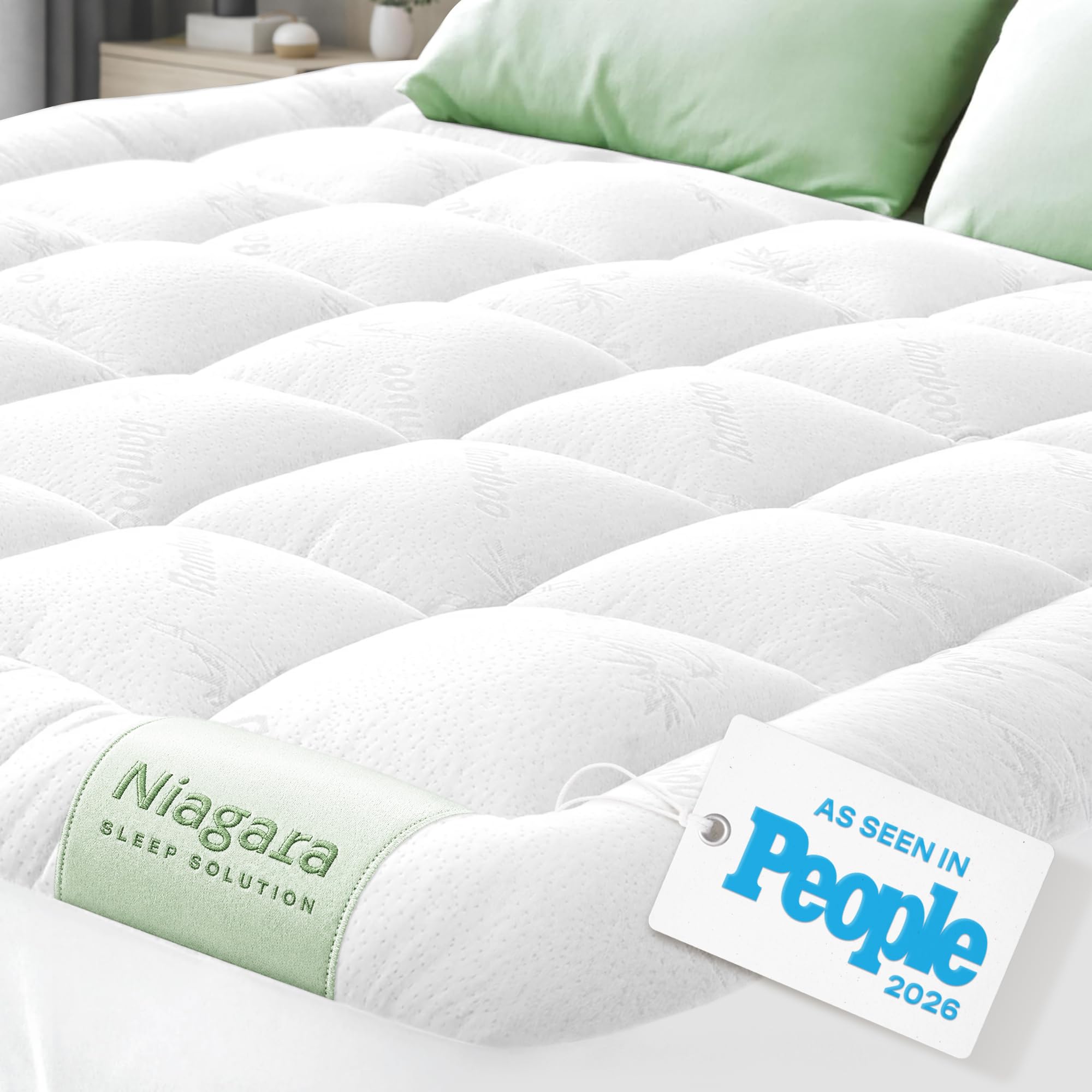 Niagara Sleep Solution Ultra Soft Queen Size Mattress Topper - Rayon Derived from Bamboo Pillow Top Mattress Pad for Back Pain Relief - Naturally Cooling for Hot Sleepers, Green