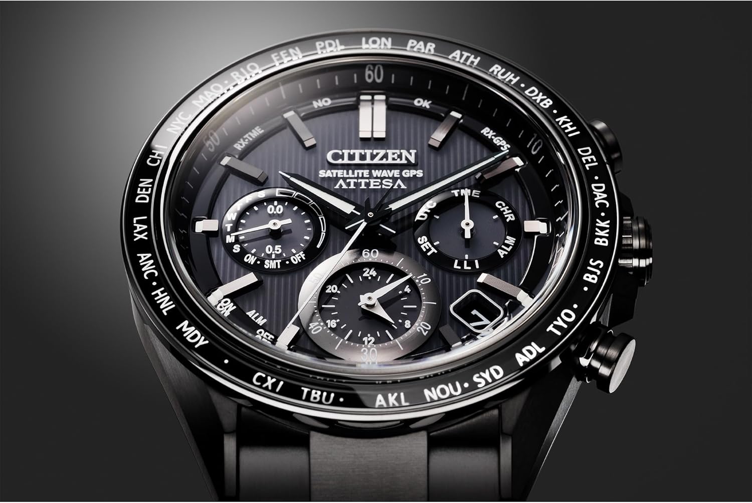 CITIZEN Mens Eco-Drive Attesa Satellite Wave GPS Chronograph, Black Super Titanium with DLC Coated Case & Bracelet, Black Dial (Style: CC4055-65E)