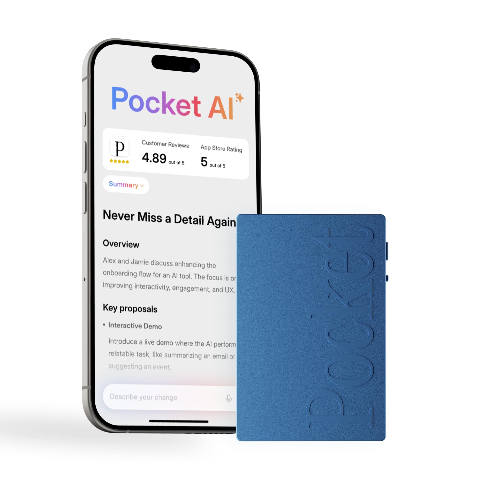 Pocket AI Voice Recorder & Smart Assistant – Auto Transcription, Summaries & Action Items – AI Note Taker for Meetings, Calls & Productivity - Space Grey
