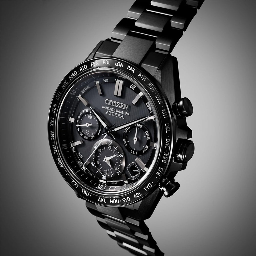 CITIZEN Mens Eco-Drive Attesa Satellite Wave GPS Chronograph, Black Super Titanium with DLC Coated Case & Bracelet, Black Dial (Style: CC4055-65E)