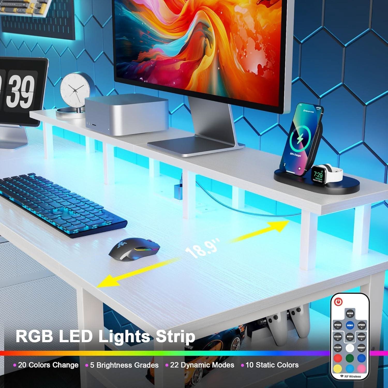 Sixty One Inch Computer Desk LED Illumination White Finish
