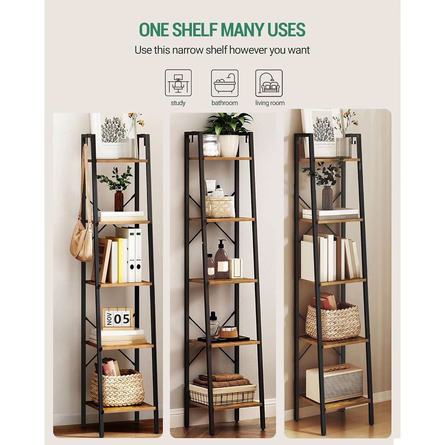 Ladder Shelf Bookcase 5 Tier Rustic Brown Freestanding