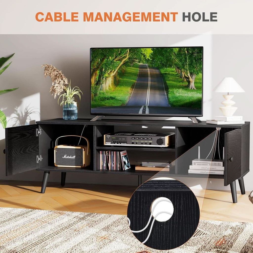 TV Stand For 55-60 Inch TVs Black With Two Cabinets Storage